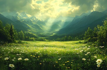 Sunlit Valley with Green Grass, Wildflowers, and Majestic Mountains

