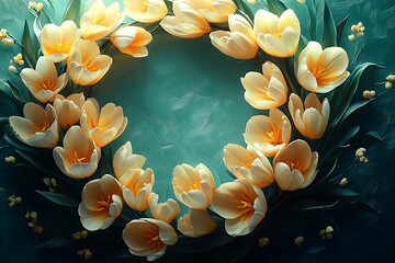 Yellow Tulip Wreath with Green Leaves on a Soft Blue Background

