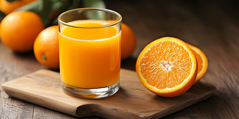 Fresh orange juice in a glass with half an orange on a wooden cutting board. Whole oranges and green leaves in the background, creating a vibrant and refreshing atmosphere