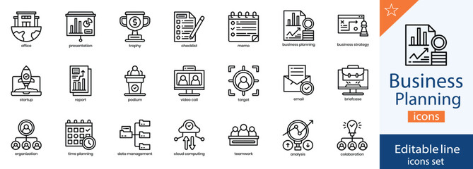 Business Planning Line Icons Collection. Strategy, Management, Goals, and Financial Growth Outline Icons. Editable Stroke, Vector Illustration.