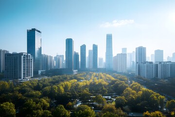 Fototapeta premium Serene Urban Park Skyline Modern Cityscape Architecture Green Space