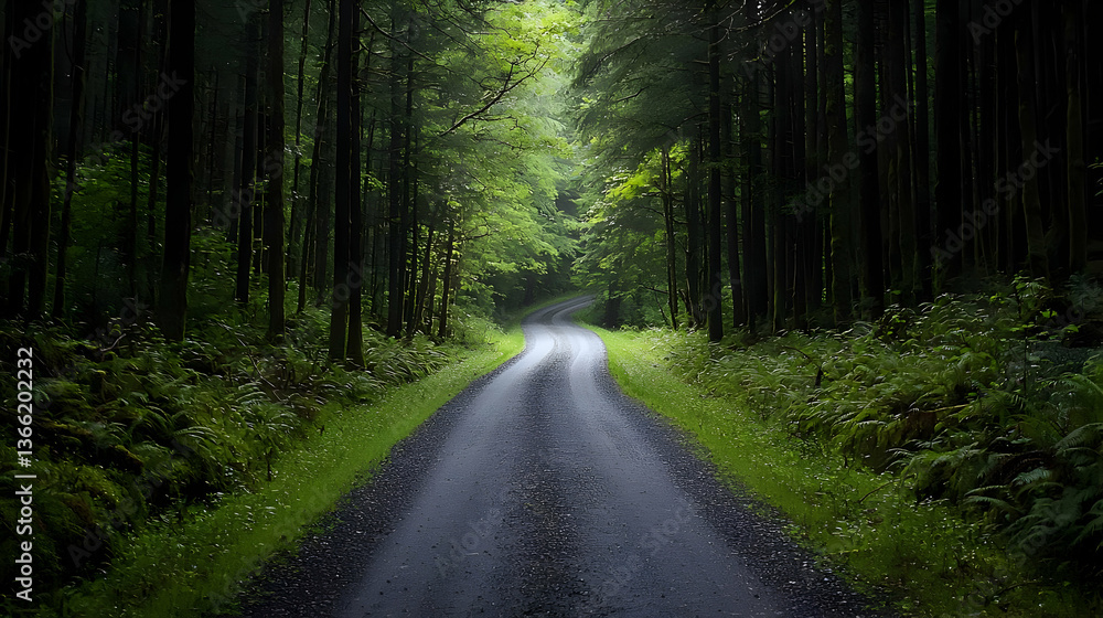 Poster winding asphalt road through dense green forest with sunlight filtering down creating mysterious atm