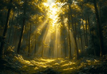Golden Sunlight Streaming Through a Lush Forest Path


