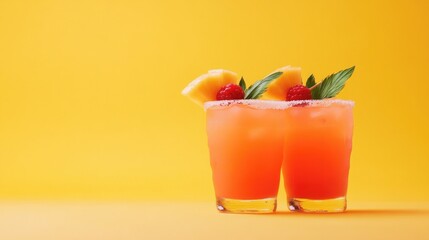 Bright citrus drinks garnished with fresh fruits create refreshi