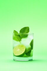Refreshing drink with lime and mint leaves, served in clear glas