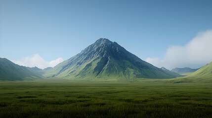 Naklejka premium Green Mountain Rises Above Field With Blue Sky Background During The Daytime