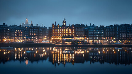 Cityscape At Night Reflecting Illuminated Buildings Across Calm Water Under Blue Twilight Sky