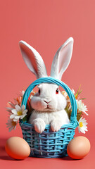 Cute bunny in a blue basket with flowers and eggs celebrates spring and Easter festivities indoors Generative AI
