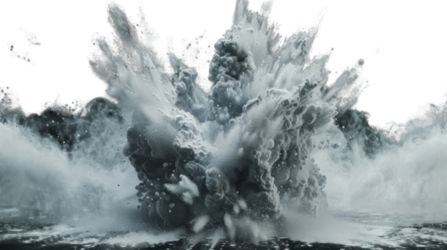 Powerful explosion creating a large cloud of dust and debris with transparent background