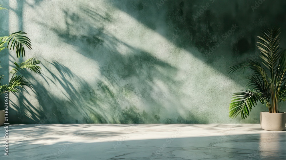 Poster empty studio setup with marble surface. green wall provides abstract background with shadows from pl