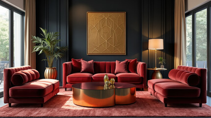 Art deco glam living room with luxurious velvet furniture, a mirrored coffee table, and a framed mockup with a gold geometric design.