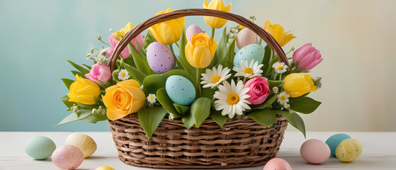 Colorful Easter basket filled with flowers and eggs arranged beautifully on a light background Generative AI