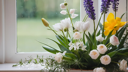Beautiful floral arrangement by the window showcasing vibrant flowers in springtime Generative AI