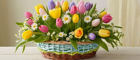 Colorful floral arrangement in a woven basket featuring tulips and daisies on a light wooden table Generative AI