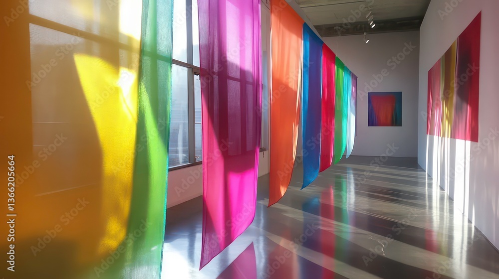 Poster colorful translucent fabric hangs from gallery ceiling creating vibrant shadows on floor. modern art