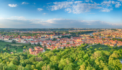 Panoramic view of Prague with Vltava river from Petrin hill