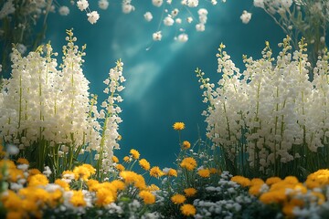 White and Yellow Flowers Against a Soft Turquoise Background

