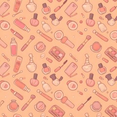 Seamless pattern with cosmetics such as lipstick, nail polish and brushes on a peach background. Perfect for beauty, fashion or design projects.