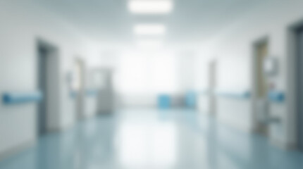 Fototapeta premium Blurred image of a bright hospital hallway featuring medical beds, carts, and equipment. Clean, sterile environment with natural light.
