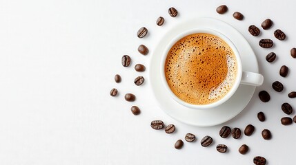 Obraz premium Overhead view of espresso in white cup with scattered coffee beans on white background, symbolizing energy and focus. Perfect for cafes, morning routines, and minimalist lifestyle themes.