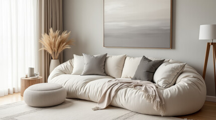 Fototapeta premium Home interior design of modern living room with large, rounded, off-white bean bag style sofa, pillows in shades of gray, beige, and white. Focus on soft textures and neutral tones