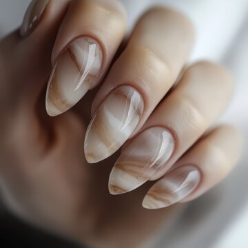 Elegant hand with almond nails in a marbled pattern showcasing luxury and sophistication. Suitable for beauty blogs nail salons and fashion magazines