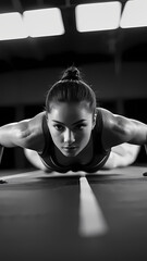 Fitness enthusiast performs intense push-up workout in a gym during morning hours, showcasing strength and determination Generative AI