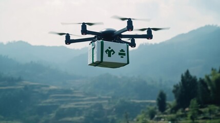 Fototapeta premium Drone Delivery Over Misty Mountain Landscape