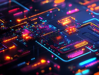 Obraz premium Illuminated electronic circuit board shows digital technology with colorful lighting