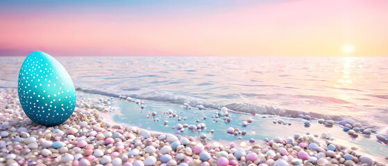 Colorful egg rests on pebbled beach during sunrise with calm ocean and pink sky filling the horizon Generative AI
