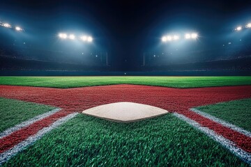Night baseball stadium, illuminated field