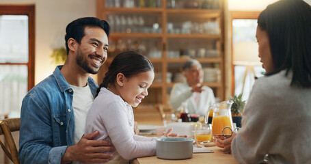 Family, parents and talking with child at lunch for bonding together, relationship and healthy meal. Love, home and happy people in dining room for social gathering, nutrition and relax with support