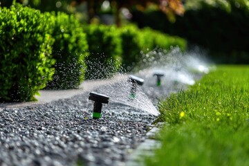 Automated garden irrigation system watering a grassy lawn