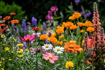Fototapeta premium Vibrant Summer Wildflower Garden Bloom Colorful Cosmos Daisy Zinnia Floral Photography