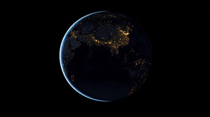 Earth seen from space at night. Planet glows with city lights. Dark space background. Planet shows continents. Night view of earth. Amazing view. Life concept. Modern civilization. High definition