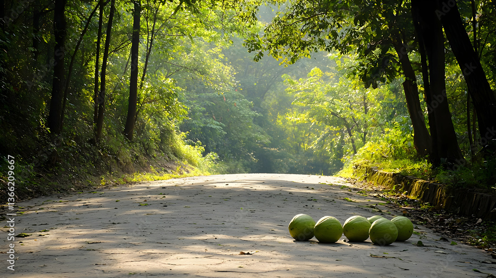 Poster sunlit forest path with green fruit on ground and tree trunks background