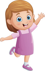 Cartoon happy little girl jumping and waving hand