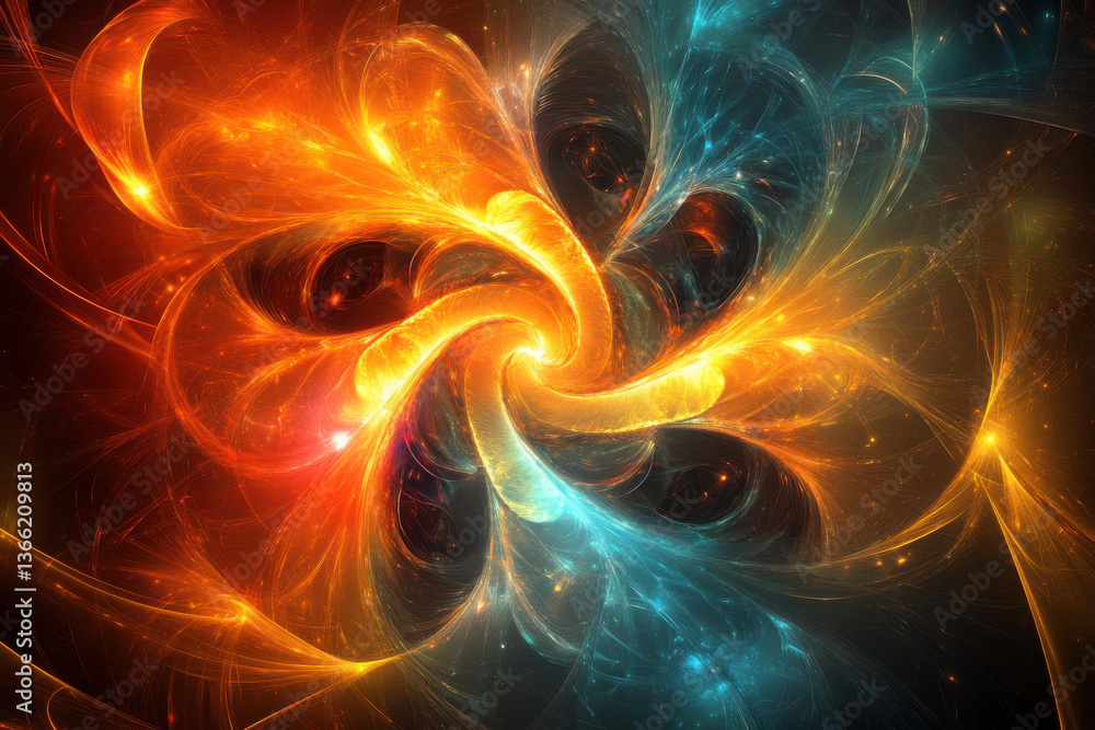 Poster abstract fractal art with swirling orange and blue light creating a dynamic and energetic compositio