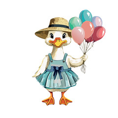A friendly white duck wearing a soft blue and white apron and a straw hat holds a bouquet of pastel balloons