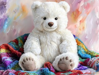 Cuddly teddy bear sitting happily on a colorful blanket with a warm smile and soft texture for playful atmosphere