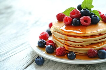Delicious pancakes topped with fresh berries and drizzled with sweet syrup on a wooden table