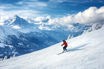 Skiing down a snowy mountain slope with stunning mountain views in winter