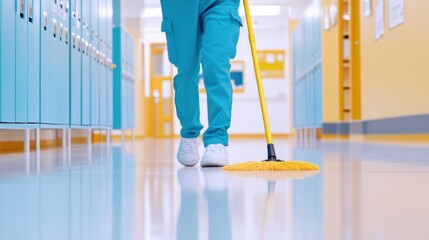 Janitorial staff member mops the hallway with precision in a school setting during bright daylight hours