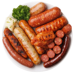 Grilled sausages on a delicious food platter culinary on a transparent background
