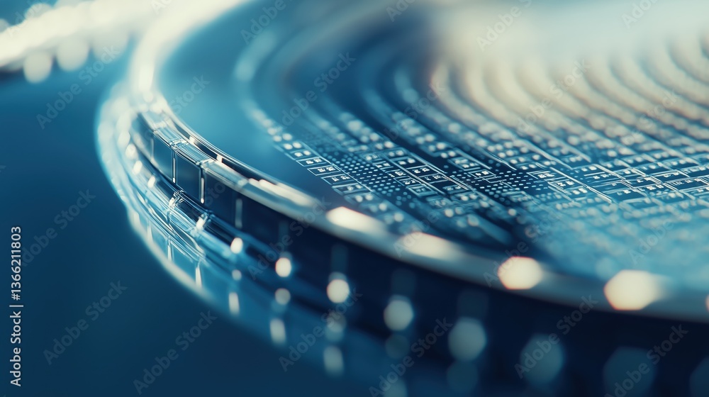 Poster Close-up of electronic microchip on a luminous circuit board with detailed connections