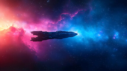 Fototapeta premium Pixelated Spaceship In A Colorful Nebula