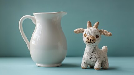 Fresh goat milk in a ceramic jug beside a hand-sewn goat toy on a blue background