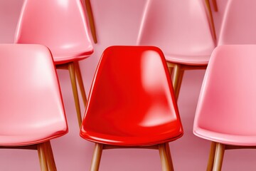 Naklejka premium Rows of blush-pink chairs with a striking red accent seat creating a bold minimalist contrast in a modern seating arrangement