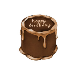 Watercolor Chocolate Cake with Happy Birthday Text Illustration, Festive Dessert Art
