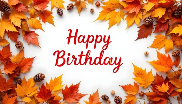 Happy birthday autumn leaves card design template for fall birthday celebrations and greetings messages card